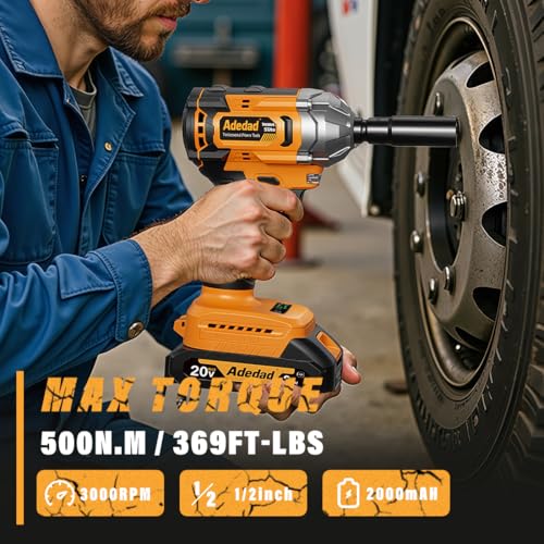 Brushless Impact Wrench 3-in-1 500N.m(369Ft-lbs) Torque Wrench 1/2 Drive with 2.0Ah Battery, 8 Drill Bits, 6 Screwdriver Bits, 4 Sockets, Cordless Impact Gun for automotive Repair and DIY