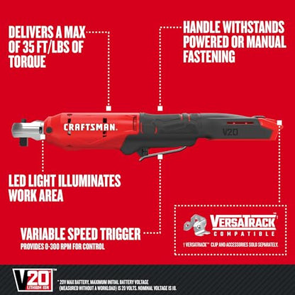 CRAFTSMAN V20 Cordless Ratchet Wrench Kit, 3/8 inch Drive, 300 RPM, up to 35 ft-lbs of Torque, Battery and Charger Included (CMCF930D1)