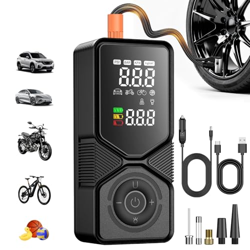 Portable Tire Inflator 150 PSI Cordless Air Compressor | 6000mAh Power Bank, 12V DC Dual Supply, Auto Shut-Off Digital Gauge, Adapters for Car, SUV, Motorcycle, Bike, Ball