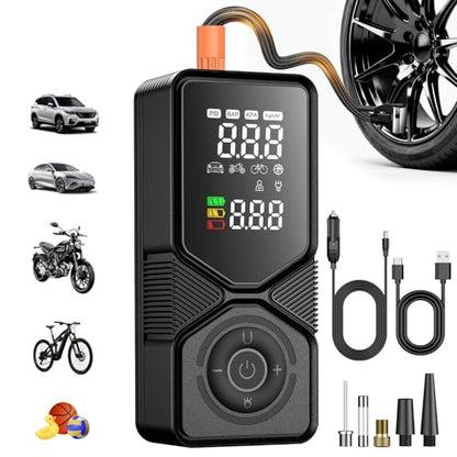 Portable Tire Inflator 150 PSI Cordless Air Compressor | 6000mAh Power Bank, 12V DC Dual Supply, Auto Shut-Off Digital Gauge, Adapters for Car, SUV, Motorcycle, Bike, Ball