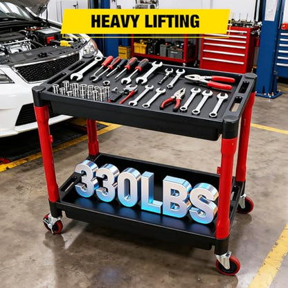 2-Tier Rolling Utility Cart with 4" Swivel Wheels, Heavy-Duty Plastic Tool Cart for Auto Detailing, Garage & Workshop - size: 2-Tier