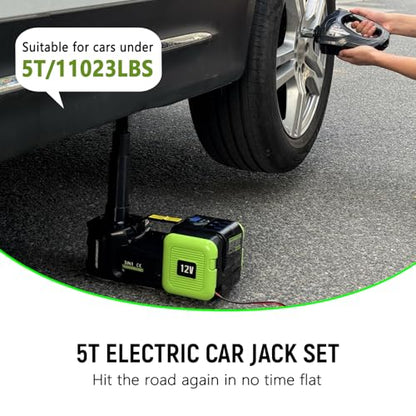 Electric Car Jack 5 Ton 11000lbs 4 in 1 12V Hydraulic Floor Jack Kit with Electric Impact Wrench & Tire Inflator Pump Digital Display Lift Range 6.1-17.7 Inch for SUV Sedan Truck Emergency Tire Change