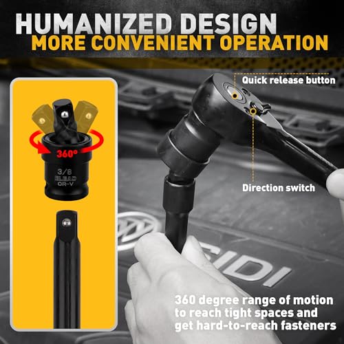 3/8" Drive Impact Socket Set - 50-Piece SAE (5/16" to 3/4") & Metric (8-22mm) Socket Wrench Set, 6-Point CR-V Steel Deep & Shallow Sockets with Ratchet Handle, Universal Joint, Extension Bar, Adapter - style: 3/8'' Drive Impact Socket Set