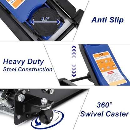 3 Ton Low Profile Floor Jack, Steel Racing Floor Jack,Heavy Duty Hydraulic Car Jack with Dual Piston Pump,3"-19.5" Lift Range Professional Steel Racing Jack