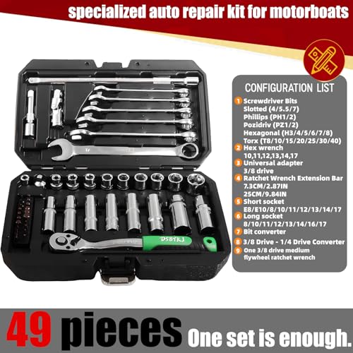 49-Piece Professional Motorboat & Yacht Maintenance Tool Kit, High-Strength Chrome Vanadium Steel with 72-Tooth Ratchet Wrench, 1/4 & 3/8 Inch Drive Metric & Standard Socket Wrench Set - color: Silver-49pcs