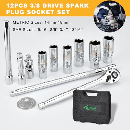 AEROFORCE 12PCS 3/8" Drive Spark Plug Socket Set with Ratchet Handle, Universal Joint, Extension Bar & Spark Plug Gapper, Fits 9/16", 5/8", 3/4", 13/16", 14mm, 18mm, CR-V Steel with Rubber Holder Ring - size: 12PCS