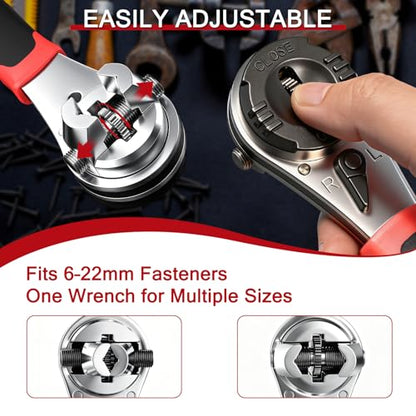 Adjustable Ratchet Wrench, Universal 6–22mm (1/4"–7/8") Compact Ratcheting Wrench for Tight Spaces, Reversible 60-Tooth Gear, Non-Slip Handle for Auto & Home Repair