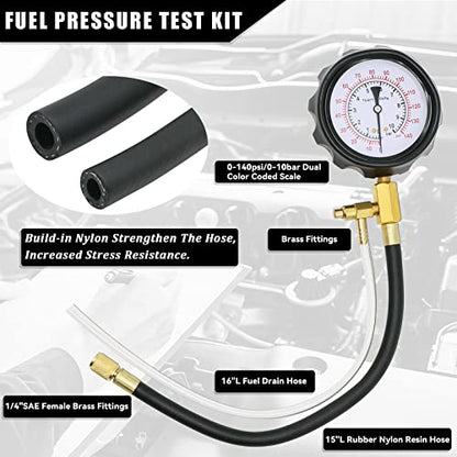 0-140 PSI Automotive Fuel Pressure Tester Kit for Gasoline Engines | For gasoline engines; 1/4 in and M6 test hoses with M8, M10, M12 and M14 adapters; not for diesel or direct injection
