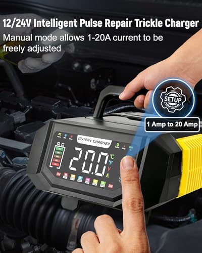 1-20A Smart Battery Charger, 12V/24V Automatic Automotive Battery Maintainer & Desulfator with Temperature Compensation, Adjustable Amp Trickle Charger for Lead-Acid, AGM, Gel, LiFePO4 - color: Yellow