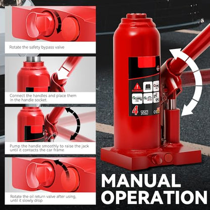 Auto Dynasty 4 Ton Hydraulic Bottle Jack, Automotive Welded Bottle Jack for Car, Pickup Truck, RV, Auto Repair, 8" to 15" Lifting Range (Red) - color: Red, size: 4 Ton