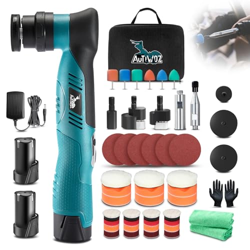 AUTIWOZ Cordless Mini Polisher Fast Change 1/3inch 12mm and 3mm Orbital, DA/RO Small Polisher for Car Detailing 6 Speeds, 2Pcs 2000mAh Li-ion Batteries, with Collet, Cone Cylinder Polishing Pads