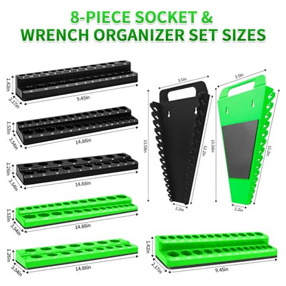 8 Piece Magnetic Socket Organizer Set, 1/4", 3/8", 1/2" Drive Metric and SAE Socket Holder Trays, Socket Organizer for Tool Box Drawer, Garage, Workbench and Mechanic Cart, Black and Green
