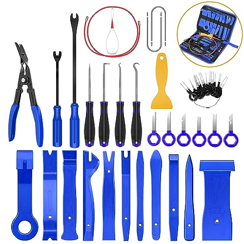 GOOACC 40Pcs Trim Removal Tool,Auto Terminal Removal Key Tool,Auto Clip Pliers Stereo Removal Tools,Car Upholstery Repair Removal Kit,Precision Hook and Pick Set,Wiring Threader,Car Film Scrape-Blue - color: Blue