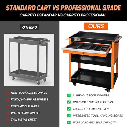 SEKAM 3-Tier Rolling Tool Cart: Heavy Duty Mechanic Service Cart with Drawer for Garage & Warehouse – Metal Utility Trolley Organizer with Locking Wheels & Screwdriver Holder (440LBS Capacity)
