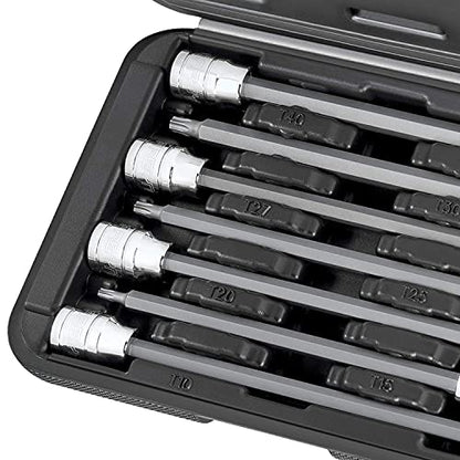 CARBYNE 7-Piece Torx Extra Long Bit Socket Set, T10 to T40, 3/8 in. Drive, S2 Steel Bits, CrV Sockets, Zinc Phosphate, 6.1 in. Length, Durable Case, Genuine Licensed Torx - style: Torx