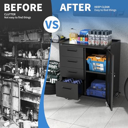 Metal Storage Cabinet for Garage, Tool Cabinet, Utility Cabinet | Wheeled, Rolling Tool Cabinet, 4 Drawers, 1 Door Lockable, Top Countertop, Assembly Required, Black - color: Black