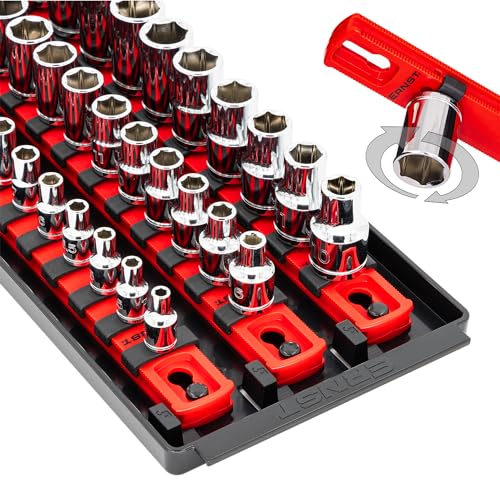 Ernst Manufacturing 18-Inch Socket Boss - Premium 3-Rail Multi-Drive (1/4", 3/8", 1/2") Organizers w Twist Lock Clips, Socket Set Holder for 57 Tools - SAE, Metric - Red (Patented) Made in USA - color: Red, style: 18-Inch