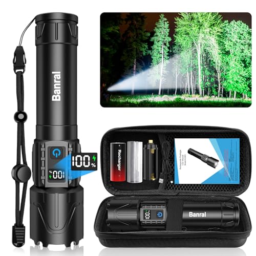 Banral Rechargeable Tactical Flashlights 2000 High Lumens - 5000mAh Super Bright LED Powerful Flash Light, Waterproof Handheld USB C Flashlight for Home,Car,Camping,Emergencies,5 Modes (1, Black) - color: Black