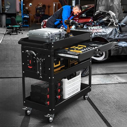 3-Tier Rolling Utility Cart, Metal Tool Cart on Wheels with Lockable-Black | 330 lb. Load Capability Heavy Duty Tool Cart with Drawers, Mechanic Tool Cart for Garage, Warehouse, Repair Shop - color: Black