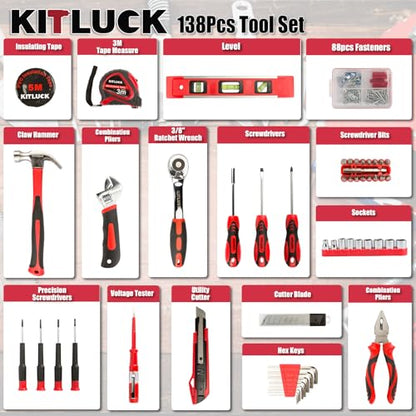 KITLUCK 138-piece Home Tool Kit, Household Hand Repair Tool Set for men, Portable Basic Tool box Set with Tools (Screwdriver, Plier, Wrench, Socket, Harmer, Rule, etc.) for Home and Car - size: 138Pcs