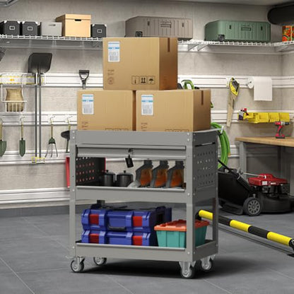 3 Tier Rolling Cart, Heavy Duty Utility Industrial Service Carts on Wheels, Metal Tool Cart with Locked Drawers, Ideal for Garage, Warehouse and Repair Shop (Grey) - color: Gray
