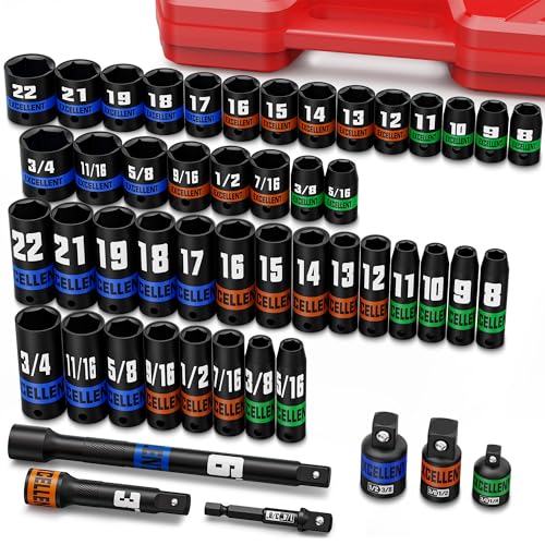 50 Piece 3/8" Drive Impact Socket Set, SAE (5/16''-3/4'') and Metric (8-22mm) Socket Kit, Extension bar & Adapter, 6 Point, Automotive Repair, Equipment Maintenance - size: 3/8 Inch Metric/SAE