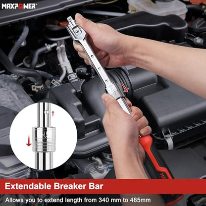 MAXPOWER Extendable Breaker Bar, Dual Head 1/2" & 3/8" Drive 360° Flex Head Cheater Bar, 5-Gear Extending Locking, Extendable Handle 13-3/8" to 18" - style: Dual drive