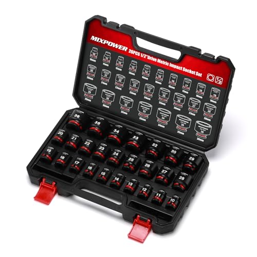 MIXPOWER 26 Pieces 1/2'' Drive Shallow Impact Socket Set,12 Point,Metric,10-36mm,CR-MO,Axle Nut Impact Grade Socket for Easy Removal