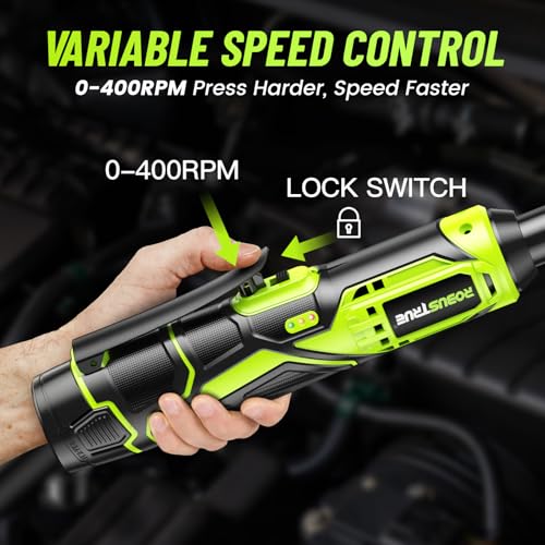 Robustrue 3/8" Cordless Ratchet Wrench, 6-inch Extended Ratchet Wrench, 40Ft-lbs 400RPM Cordless Ratchet, 2 Batteries Power Electric Ratchet Driver with Variable Speed, 7 Sockets, LED Light