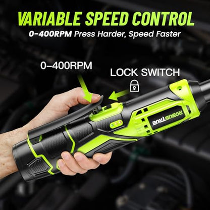 Robustrue 3/8" Cordless Ratchet Wrench, 6-inch Extended Ratchet Wrench, 40Ft-lbs 400RPM Cordless Ratchet, 2 Batteries Power Electric Ratchet Driver with Variable Speed, 7 Sockets, LED Light