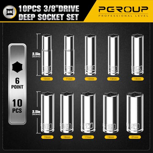 10PCS 3/8” Drive Deep Socket Set, Metric(10mm-21mm), 6-Point, Cr-V Steel, Chrome Plated Socket With Hanging Bracket, Cover Most Commonly Sizes - size: 3/8"Metric(10mm-21mm)
