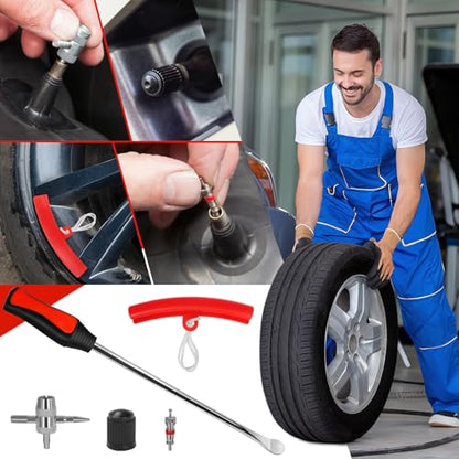 14.5" Tire Spoons Tool Set for Motorcycles Dirt Bike Lawn Mowers Iron Installation,3 Pcs Tire Bar Removal Mounting 10 Pcs Valve Cores,Rim Protector,Valve Changer Kit