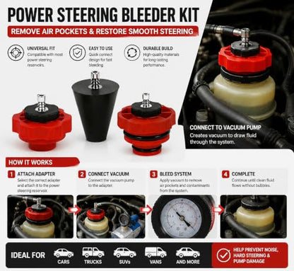 VCC Power Steering Adapter Kit, Power Brake System Steering Bleeder Tools | 3-Piece Ford/GM Adapter Set,Brake System Bleeding Tools for Fluid Exchange Service Air Tight Bleeder