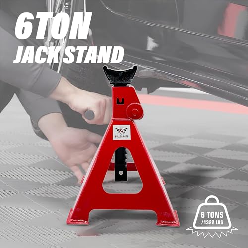 BullsArmor Jack Stands 6 Ton (12,000 lbs) Heavy Duty - Quick Adjustment Steel Self-Locking for SUV, MPV, Truck, and RV - Mechanic Repair Garage - Red/Black - 1 Pair