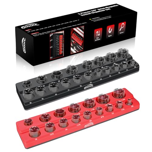 GOOACC 3/8" Magnetic Socket Organizer, 2 Pieces Metric & SAE Socket Drive Holders 3/8 inch Socket Organizer Tray Holds 56 Standard Sockets for Toolboxes - size: 2PCS 3/8" SAE & Metric Red Black