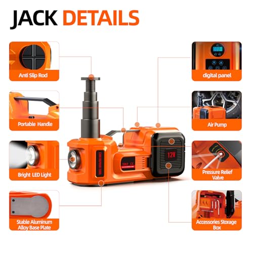 Car Jack Electric Hydraulic Jack 5Ton 155-450mm LCD Display 3in1 Lift Inflator LED Light 12V Portable Outdoor Home Emergency Tire Change Roadside Rescue Tool for Sedan SUV Truck - size: 5T-LCD Meter-Jack+Pump+Light