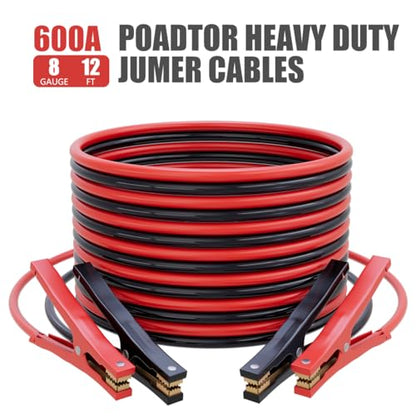 Heavy Duty Jumper Cables for Car Battery, 8 Gauge 12 Feet 600AMP, Automotive Booster Cables for Jump Starting Dead or Weak Batteries, Carrying Bag Included - size: 8 Gauge （12FT）
