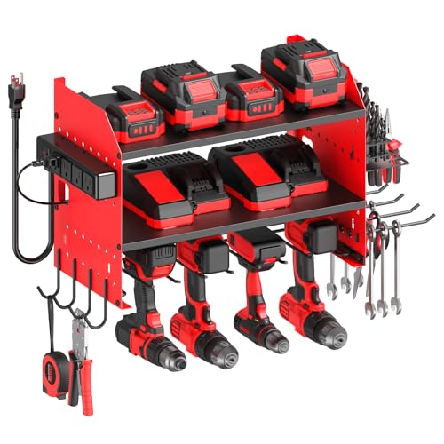 CCCEI Modular Power Tool Organizer Wall Mount with Charging, Red, 1 Pack | Drill & Battery Storage Rack with Peg Hooks, Garage Workshop, Gifts for Men, Husband, Anniversary, Birthday - color: Red