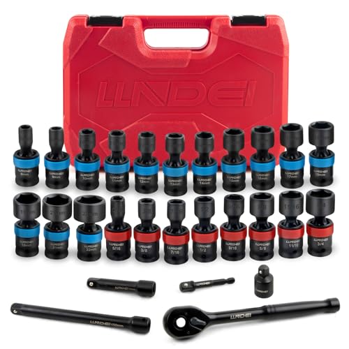 LLNDEI 27Pcs 3/8" Drive Swivel Impact Socket Set, CR-MO Swivel Socket Set Metric(8-22mm)& SAE(5/16-3/4),6 Point Wobble Socket Set with Ratchet Wrench, Extension Bar and Adapters. - size: 27Pcs 3/8" Swivel Socket Set S&M