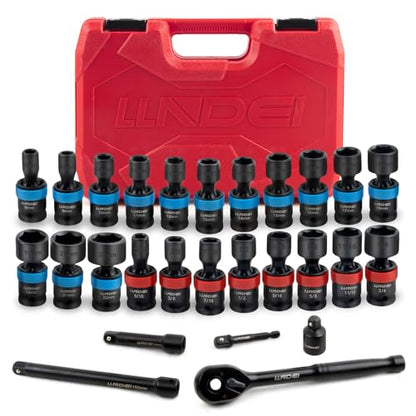 LLNDEI 27Pcs 3/8" Drive Swivel Impact Socket Set, CR-MO Swivel Socket Set Metric(8-22mm)& SAE(5/16-3/4),6 Point Wobble Socket Set with Ratchet Wrench, Extension Bar and Adapters. - size: 27Pcs 3/8" Swivel Socket Set S&M