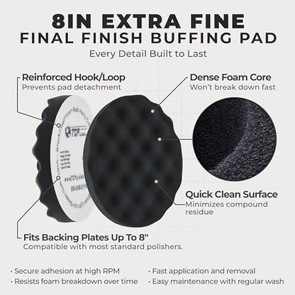 TCP Global 8" Black Waffle Foam Buffing Pad Hook and Loop Backing - Extra Fine Pad for Polishing, Automotive, Marine, Truck, RV & Compound Cutting, Car Polishing Pads - color: Black