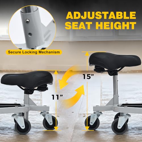 Rolling Knee Creeper with Rolling Knee Pads With Seat, 300 Pound Capacity | Heavy Duty Steel Tube Mechanic Creeper with 11 to 15 Inch Adjustable Seat Height, Tool Tray, and Rolling Knee Pads