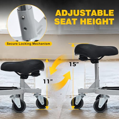 Rolling Knee Creeper with Rolling Knee Pads With Seat, 300 Pound Capacity | Heavy Duty Steel Tube Mechanic Creeper with 11 to 15 Inch Adjustable Seat Height, Tool Tray, and Rolling Knee Pads