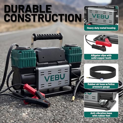 Heavy Duty Air Compressor 12V Tire Inflator, Dual Cylinder 125PSI with In-line Pressure Gauge, 10.6CFM Fast Inflation for Off-road Vehicles, Trucks, SUVs, RVs, ATVs, DC Power, Corded Electric - style: Dual Cylinders + Inline Gauge