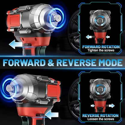 MGYM Cordless Impact Wrench 500Nm, 1/2inch Impact Wrench Gun Driver(Red) | High Torque Electric Tool Set with 2x4.0 Batteries, 6 Sockets, 8 Drill Bits, 6 Driver Bits, Drill Adapter for Home Car, DIY