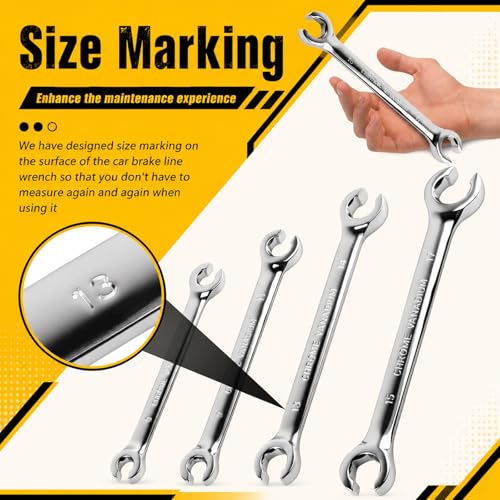 Car Brake Line Wrench Set,Rustproof Offset Flare Nut Wrench Set (8x10/9x11/13x14/15x17mm) for Detaching Nuts,Metric Flare Wrenches Sets for Brake Caliper & Line Repair