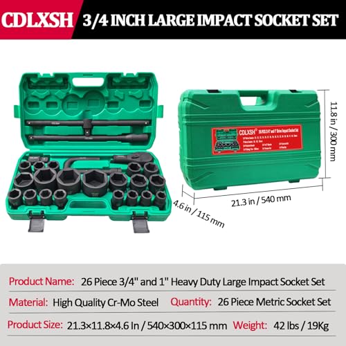3/4" and 1" Impact Socket Set, Standard 6 Point Metric Deep Drive Sockets 21-50 mm and 55-65 mm, Cr-Mo Steel, 26Pcs Heavy Duty Large Socket Set with Ratchet Wrench, T Sliding Bar and Dedicated Case - style: 3/4in-26Pcs-Metric