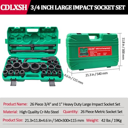 3/4" and 1" Impact Socket Set, Standard 6 Point Metric Deep Drive Sockets 21-50 mm and 55-65 mm, Cr-Mo Steel, 26Pcs Heavy Duty Large Socket Set with Ratchet Wrench, T Sliding Bar and Dedicated Case - style: 3/4in-26Pcs-Metric