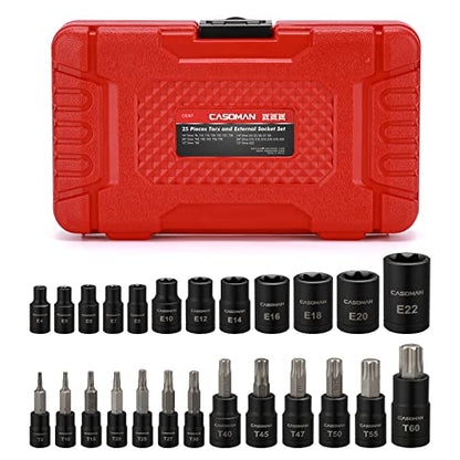 CASOMAN 25 Piece Torx Bit Socket and External Socket Set, 13 Star Socket Bits (T8- T60)& 12 Female E-Torx Sockets (E4-E22) - size: 25-Piece (T8-T60 & E4-E22)