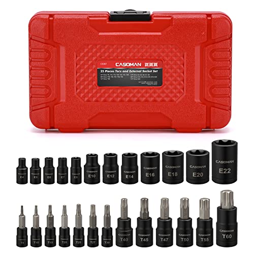 CASOMAN 25 Piece Torx Bit Socket and External Socket Set, 13 Star Socket Bits (T8- T60)& 12 Female E-Torx Sockets (E4-E22) - size: 25-Piece (T8-T60 & E4-E22)